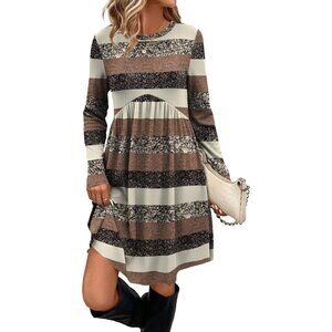Ofeefan Women Brown Stripe Crew Neck Long Sleeve Empire Waist Dress with Pockets